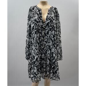 LOFT Dress Women L Black Vine Floral Print Drop Waist Shirt Button Flowy